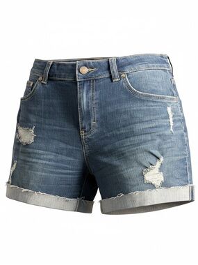 Jennifer Lopez Distressed Rolled Hem Denim Shorts - Blue